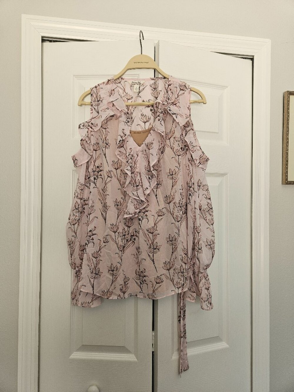 Pink Sheer Blouse with V-Neck, Front Ruffles, Ties at wrists, and open shoulders